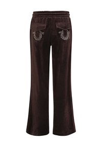 Ciemnobrązowe spodnie welurowe z szerokimi nogawkami, elastycznym paskiem w talii i tylnymi kieszeniami z klapą ozdobionymi wzorami w kształcie podkowy z cyrkoniami.