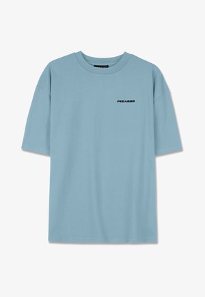 T-shirt di cotone azzurro chiaro con vestibilità ampia, maniche corte e logo nero "PEGADOR" sul petto. Tessuto morbido, senza ulteriori fantasie.