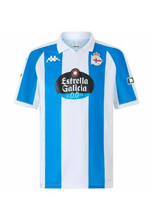 Maglia sportiva a righe blu e bianche con colletto, caratterizzata da un logo nero "Estrella Galicia" al centro e da un piccolo stemma sul petto.
