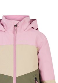 Ľahká trojfarebná bunda s panelmi v ružovej, béžovej a zelenej farbe, predným zipsom a kapucňou. Materiál má hladkú textúru.