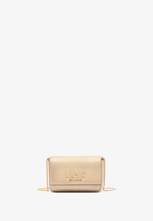 Beige leather crossbody bag with a chain strap, featuring embossed "LIU·JO MILANO" logo on the front and a rectangular, compact design.