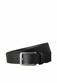 Cinturón de cuero negro con un acabado suave, que cuenta con una hebilla de metal plateado y múltiples agujeros de ajuste a lo largo de la correa.