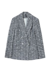 Blazer doppiopetto in un tessuto a tweed bianco e nero. Caratterizzato da revers a punta e bottoni argentati. Silhouette strutturata.