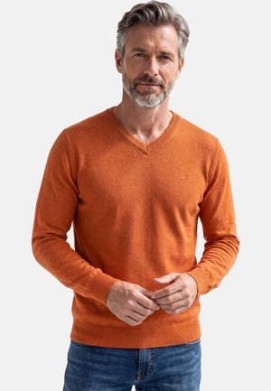 Mann mit grauen Haaren und Bart, der einen orangefarbenen V-Ausschnitt-Pullover und blaue Jeans trägt und mit vor dem Körper verschränkten Händen steht.