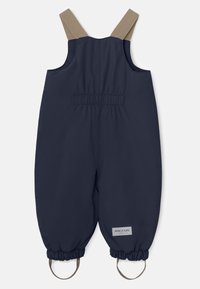 Marineblå vanntette overaller med beige justerbare stropper, elastisk midje og samlet ankel; har en grå merkeetikett på siden.
