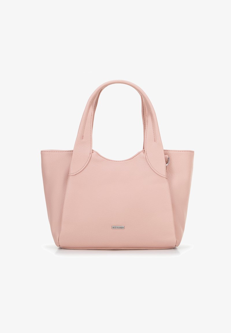 Roze leren handtas met dubbele handvatten, een gladde textuur en een minimalistisch ontwerp. Kenmerkt zich door een subtiele logo aan de voorkant.