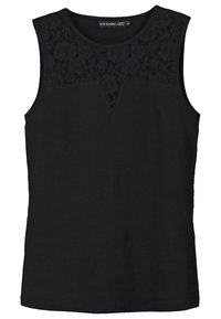 Musta hihaton toppi, jossa on kukkakuvioinen pitsipaneeli pääntiellä, V-muotoinen leikkaus ja pehmeä, sileä pinta.