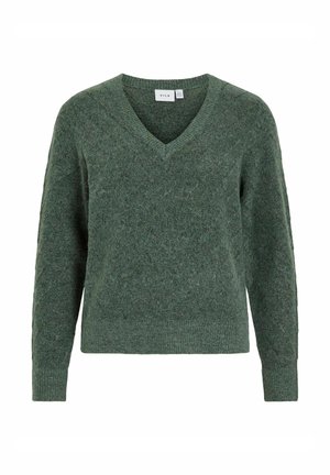Pull vert avec un décolleté en V, manches longues et poignets côtelés. Fabriqué en tissu texturé, avec un motif subtil et une coupe décontractée.