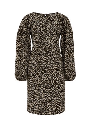 Løveprint kjole i beige og sort. Har lange puff ærmer, rund halsudskæring og en sammensnærpet talje. Blødt stof med let tekstur.