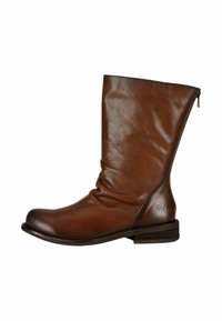 Botte mi-mollet en cuir marron, design légèrement froissé, bout rond, petit talon, fermeture éclair sur le côté, avec un petit logo sur le côté extérieur.