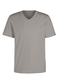 Helles graues V-Neck T-Shirt aus weichem Stoff, mit kurzen Ärmeln und unauffälligem Design, regulärer Passform und minimaler Textur.