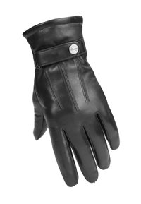 Black leather glove featuring a sleek design, button accent, and vertical stitching on the back for added detail. Durable and fitted shape.