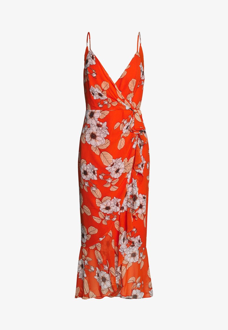 Vestido envolvente rojo con flores, de tirantes finos, que presenta flores blancas y beige, un lazo en la cintura y un dobladillo fluido con un ligero volado.