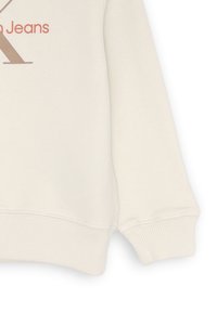 Felpa chiara con maniche e orlo a costine, caratterizzata da una texture sottile e un logo stampato in tonalità corallo e marrone.