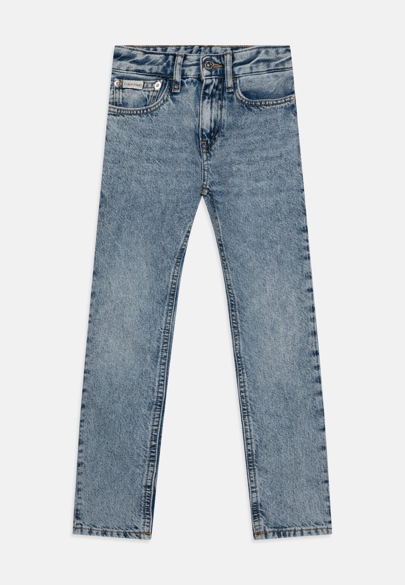 Šviesiai mėlyni džinsai su tiesiomis kojomis, su mygtuko uždarymu, penkių kišenių dizainu ir švelniu nusidėvėjimu audinyje.