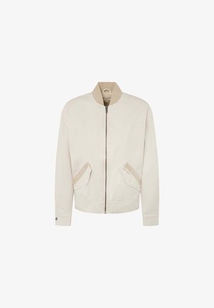 Svetle krémová bomber bunda s béžovým límcem, předním zipem a dvěma šikmými kapsami. Hladká tkanina s minimem švů.