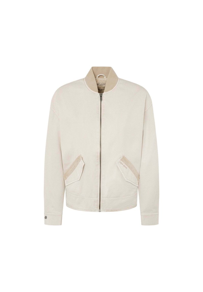 Blouson aviateur crème clair avec un col beige, fermeture éclair à l'avant et deux poches en biais. Tissu lisse avec des détails de couture minimaux.