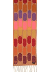 Scarf in lana con sfondo beige e righe alternate di motivi ovali in rosso, rosa, arancione, viola e giallo. Finitura con frange.