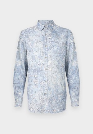 Gaiši zils krekls ar ziedu rakstiem, garām piedurknēm un klasisku apkakli. Izgatavots no mīksta auduma ar gludu tekstūru.