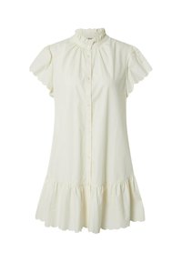 Kurzärmliges, knöpfbares Kleid in Hellgelb mit Rüschendetail am Kragen und weitem Saum. Der Stoff ist glatt und hat eine gewellte Kante.