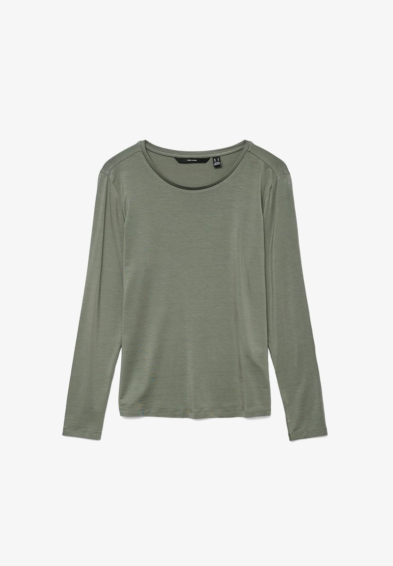 Langermet skjorte i dempet olivengrønn med rund hals, myk tekstur og avslappet passform. Sømdetaljer synlige på skuldrene.