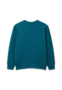 Tyrkysový svetr s dlouhým rukávem a kulatým výstřihem, s pružnými manžetami a spodním lemem, zobrazený z plochého pohledu zezadu na bílém pozadí.