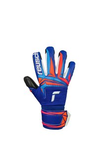 Blauer und orangefarbener Reusch-Torwarthandschuh mit gepolstertem Handgelenkriemen, erhabener Textur und schwarzem Daumengriff, Handfläche nach oben gezeigt.