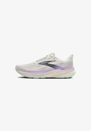 Lightweight running shoe featuring a white mesh upper, purple and teal accents, and a cushioned sole with a streamlined design.