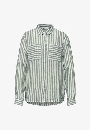 Grün-weiß gestreiftes Hemd mit langen Ärmeln, zwei Brusttaschen mit horizontalen Streifen und spitzem Kragen.