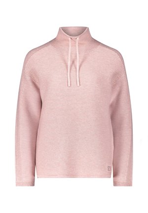 Rosa, langärmliger Pullover mit hohem Kragen und Kordelzügen. Strukturierte Ripp-Optik mit dezentem Branding an der unteren Seite.