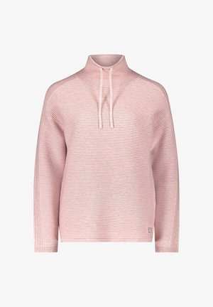 Rosa, langärmliger Pullover mit hohem Kragen und Kordelzügen. Strukturierte Ripp-Optik mit dezentem Branding an der unteren Seite.