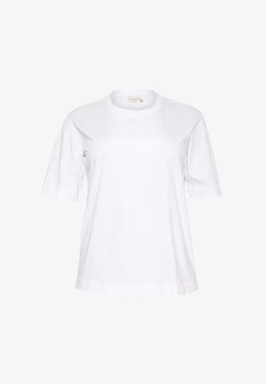 Weißes kurzärmliges Baumwoll-T-Shirt mit Rundhalsausschnitt, lässiger Passform und umgeschlagenen Ärmelabschlüssen. Glatte Textur und minimalistisches Design.