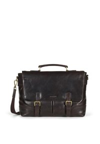 Brown leather messenger bag with a flat top, dual buckles, and a detachable strap, featuring a smooth texture and sturdy hardware accents.
