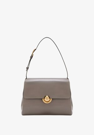 Gray leather handbag with adjustable shoulder strap and gold-tone circular clasp on front flap.