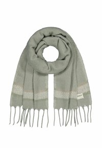 Helle graue Schal aus weichem Material, mit Fransenenden und subtilen Streifen in blassrosa und grün. Markenschild sichtbar.