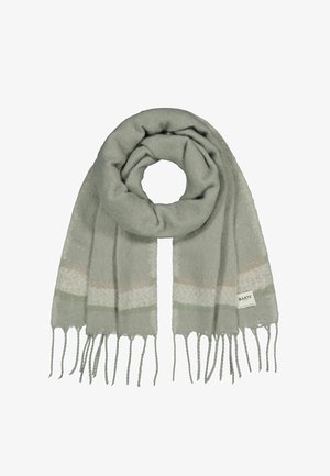 Light gray scarf made of soft fabric, featuring fringe ends and subtle stripes in pale pink and green. Brand tag visible.