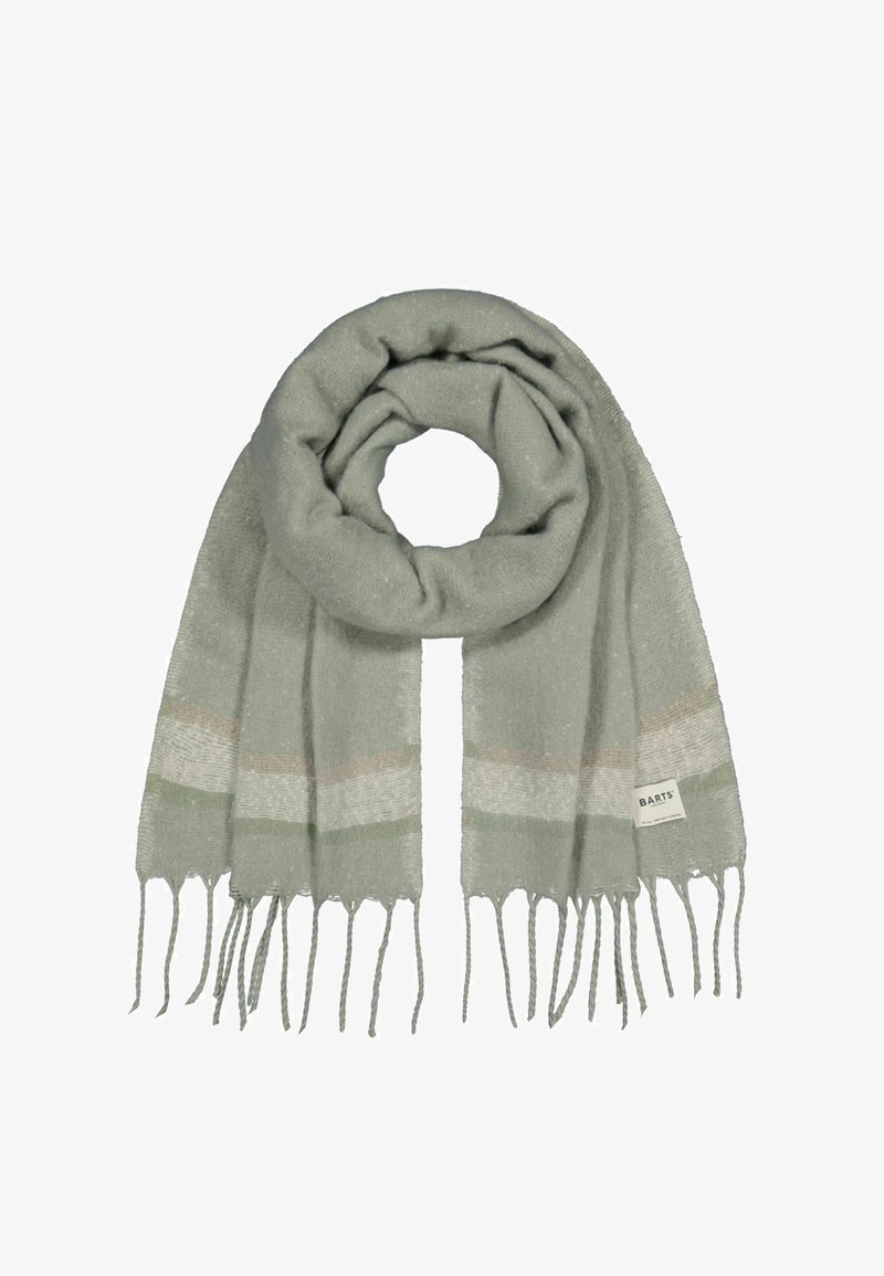 Helle graue Schal aus weichem Material, mit Fransenenden und subtilen Streifen in blassrosa und grün. Markenschild sichtbar.