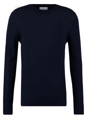 Mørkeblå langærmet sweater lavet af blødt stof. Den har rund hals, ribbede manchetter og en tætsiddende pasform. Minimalistisk design uden mønstre.