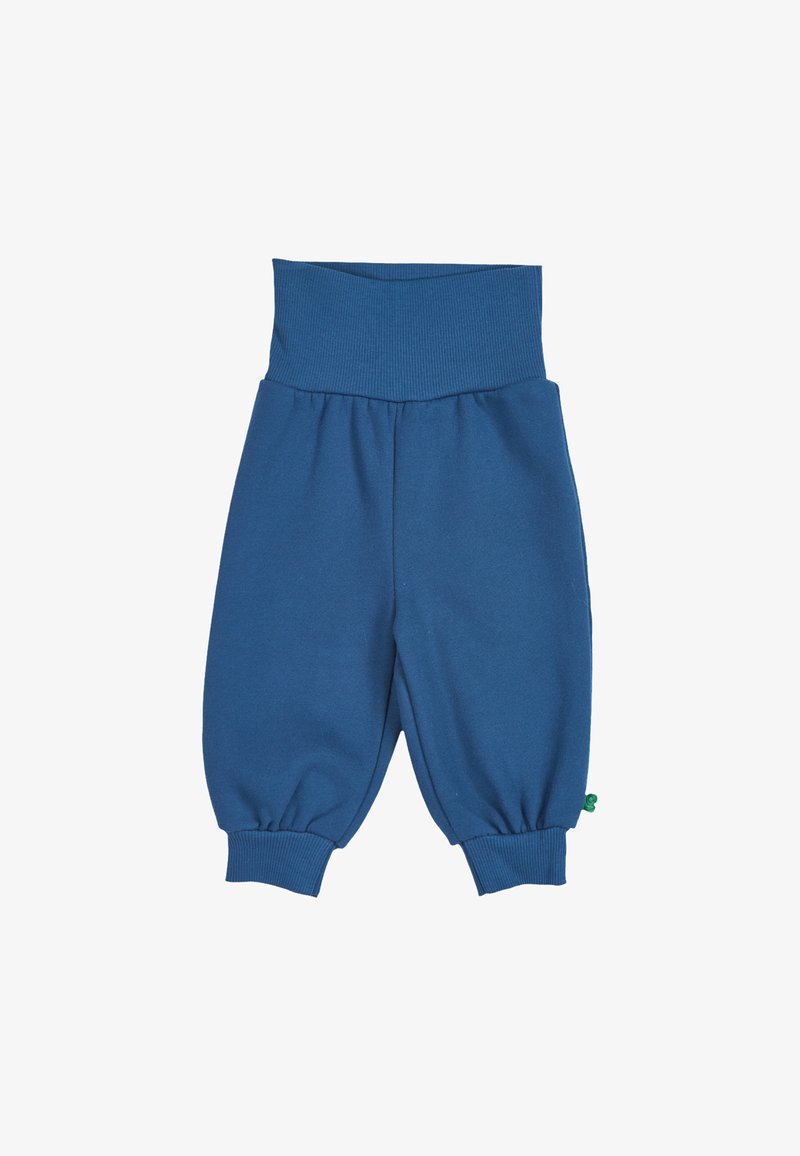 Blauwe, zachte katoenen broek met een brede geribbelde tailleband, geplooide boorden en een klein groen accent bij de zoom. Casual, ontspannen pasvorm.