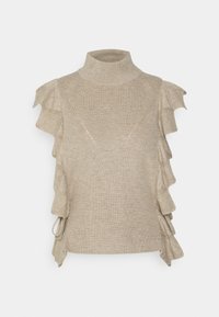 Beige poolopaita, jossa on ribbineulottu rakenne, lyhyet röyhelöhihat ja nauhoilla säädettävät sivut mukautuvaa istuvuutta varten.