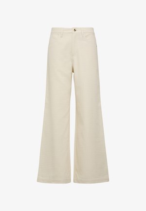 Cream wide-leg pants made of textured fabric, featuring belt loops, a front button closure, and two side pockets.