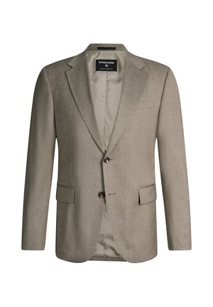 Hellbrauner Herrenblazer mit Kerbkragen, zwei Knöpfen, Pattentaschen und seidigem Futter, innen am Kragen mit Strellson-Marke.