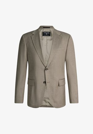 Hellbrauner Herrenblazer mit Kerbkragen, zwei Knöpfen, Pattentaschen und seidigem Futter, innen am Kragen mit Strellson-Marke.