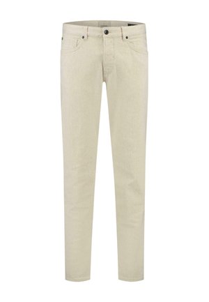 Kerged beige denim püksid slim fit lõikega, viie taskuga, nööbiga kinni ja kanga tekstuuris kerge pleekimisega.