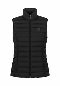 Gilet imbottito nero con collo alto, zip frontale e patch con logo. Presenta cuciture orizzontali per texture e isolamento.