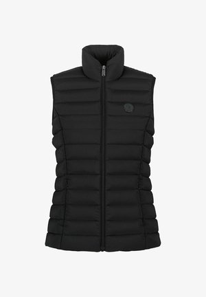 Zwarte gewatteerde vest met hoge kraag, ritssluiting aan de voorkant en een logo patch. Kenmerkt zich door horizontale stiksels voor textuur en isolatie.