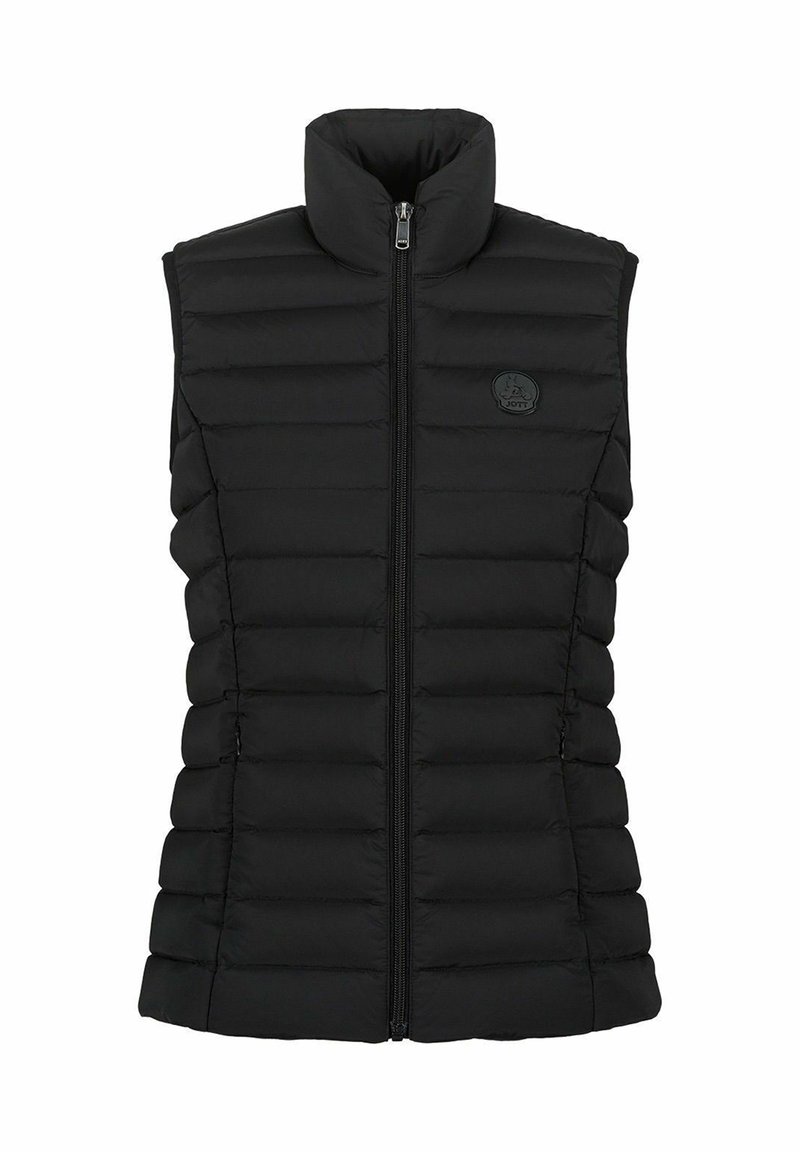 Gilet imbottito nero con collo alto, zip frontale e patch con logo. Presenta cuciture orizzontali per texture e isolamento.