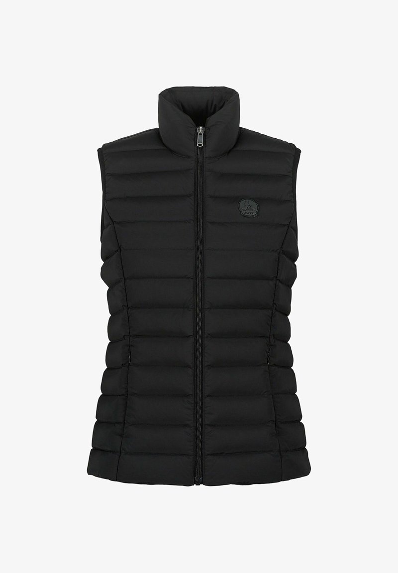 Gilet imbottito nero con collo alto, zip frontale e patch con logo. Presenta cuciture orizzontali per texture e isolamento.