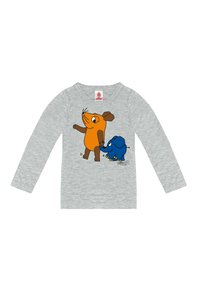 Langarm-Graues T-Shirt mit Cartoon-Charakteren: Eine orangefarbene Maus mit braunen Akzenten und einem blauen Elefanten, der die Hände hält.