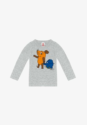 Long-sleeve gray t-shirt featuring cartoon characters: an orange mouse with brown accents and a blue elephant holding hands.
